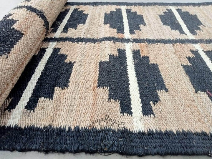 Natural & Black Handwoven Jute Stair Runner – Eco-Friendly Hemp Hallway Rug