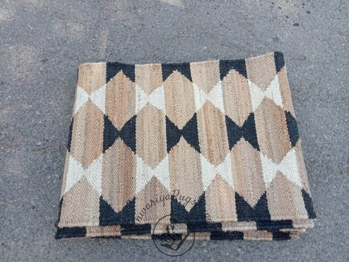 Natural White & Black Hemp Jute Runner Rug