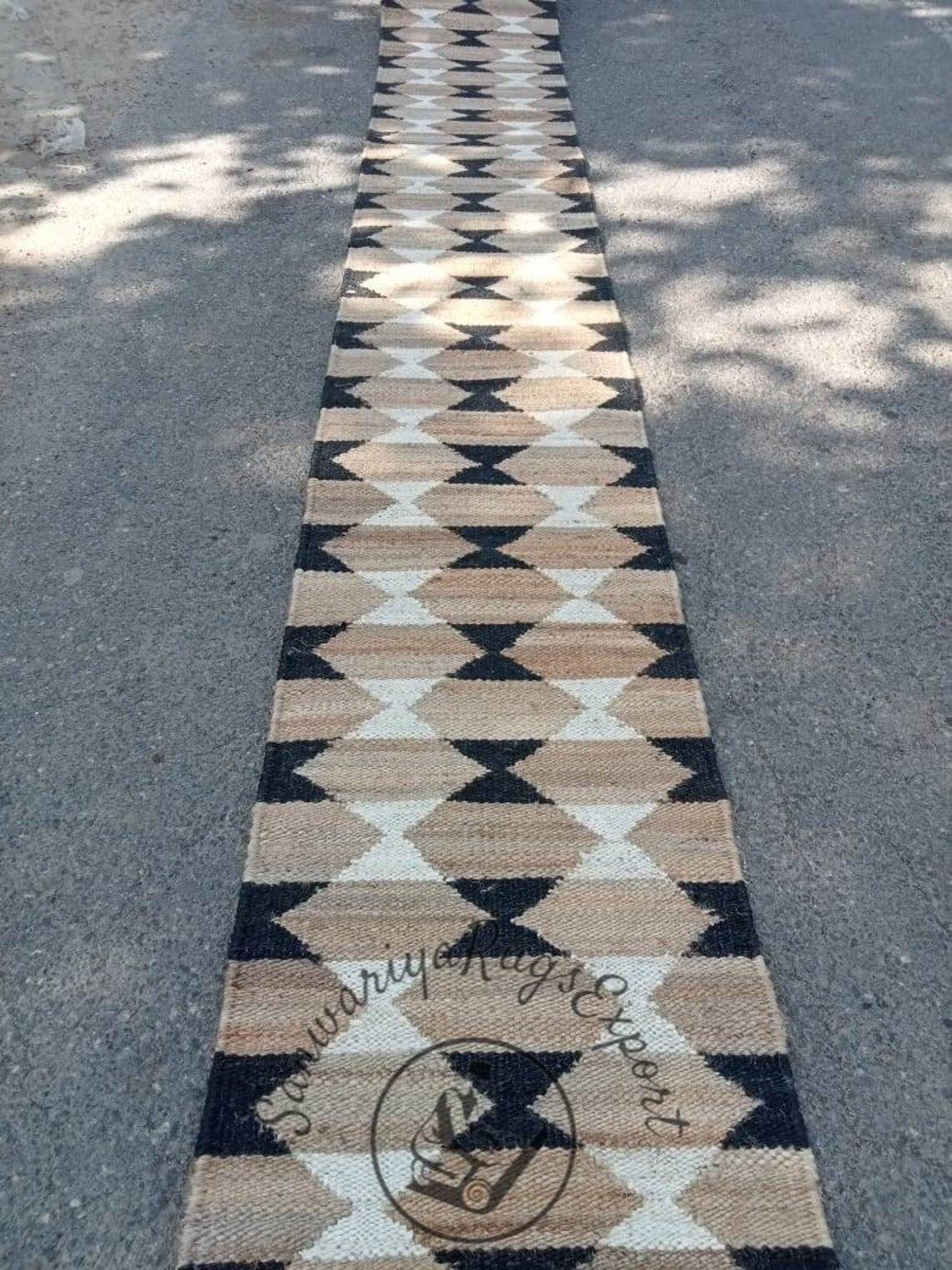 Natural White & Black Hemp Jute Runner Rug