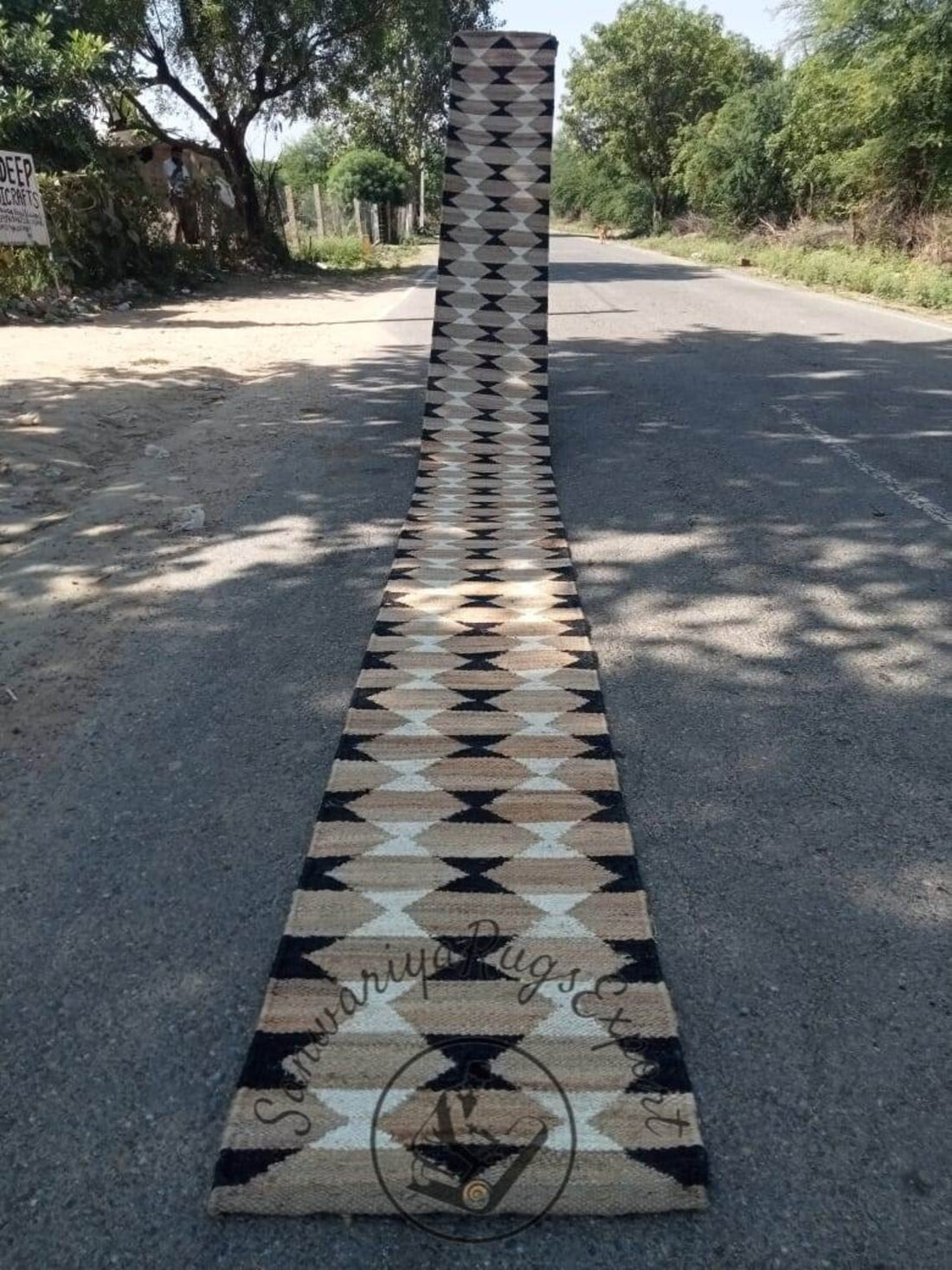 Natural White & Black Hemp Jute Runner Rug