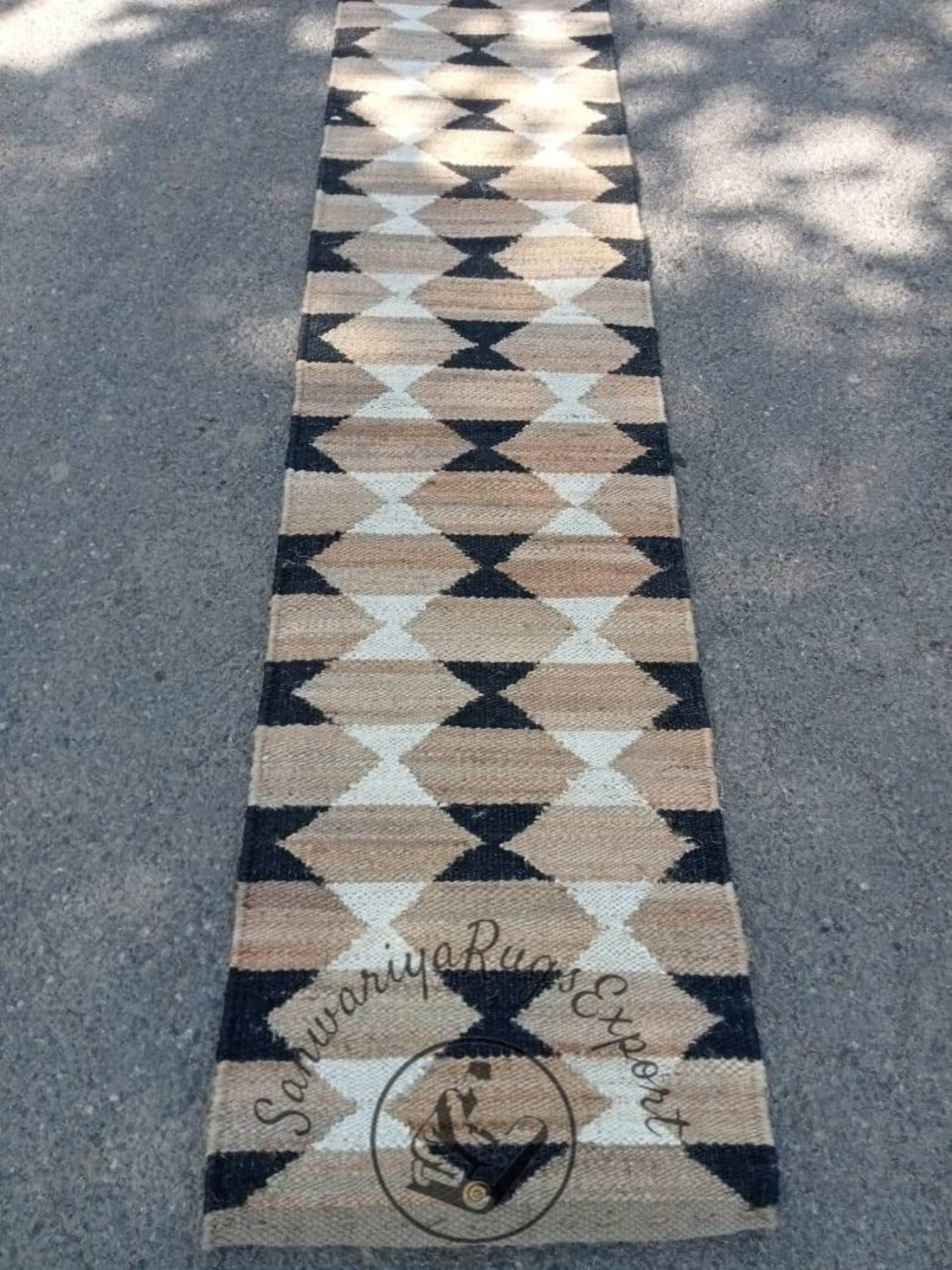 Natural White & Black Hemp Jute Runner Rug