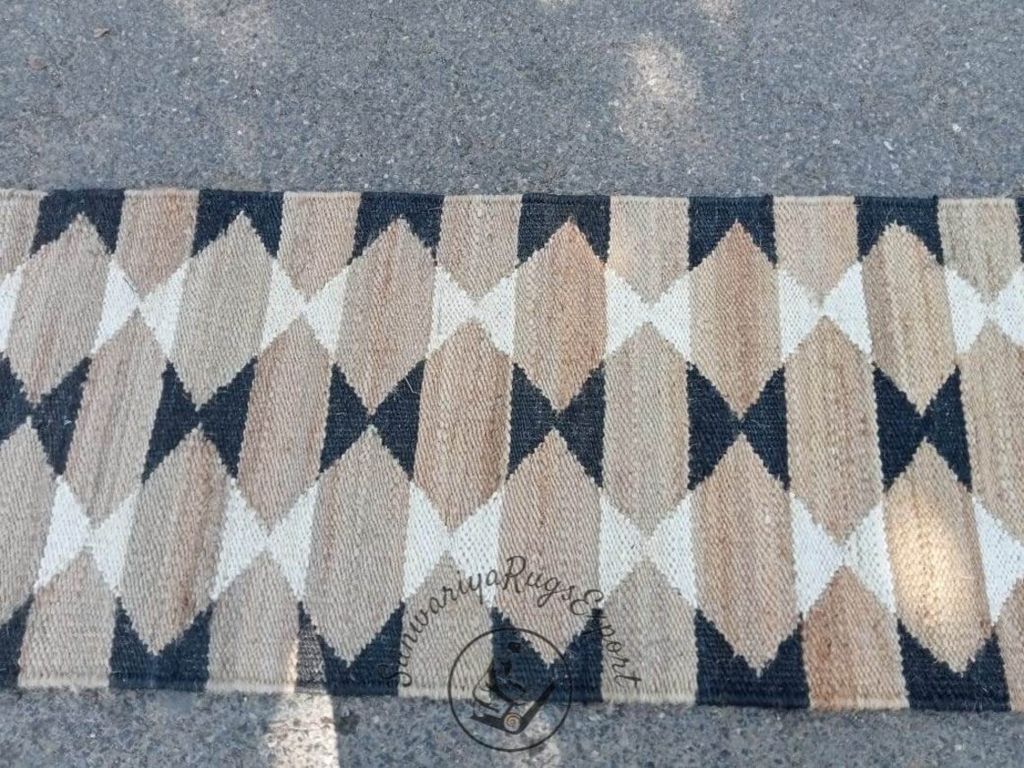Natural White & Black Hemp Jute Runner Rug