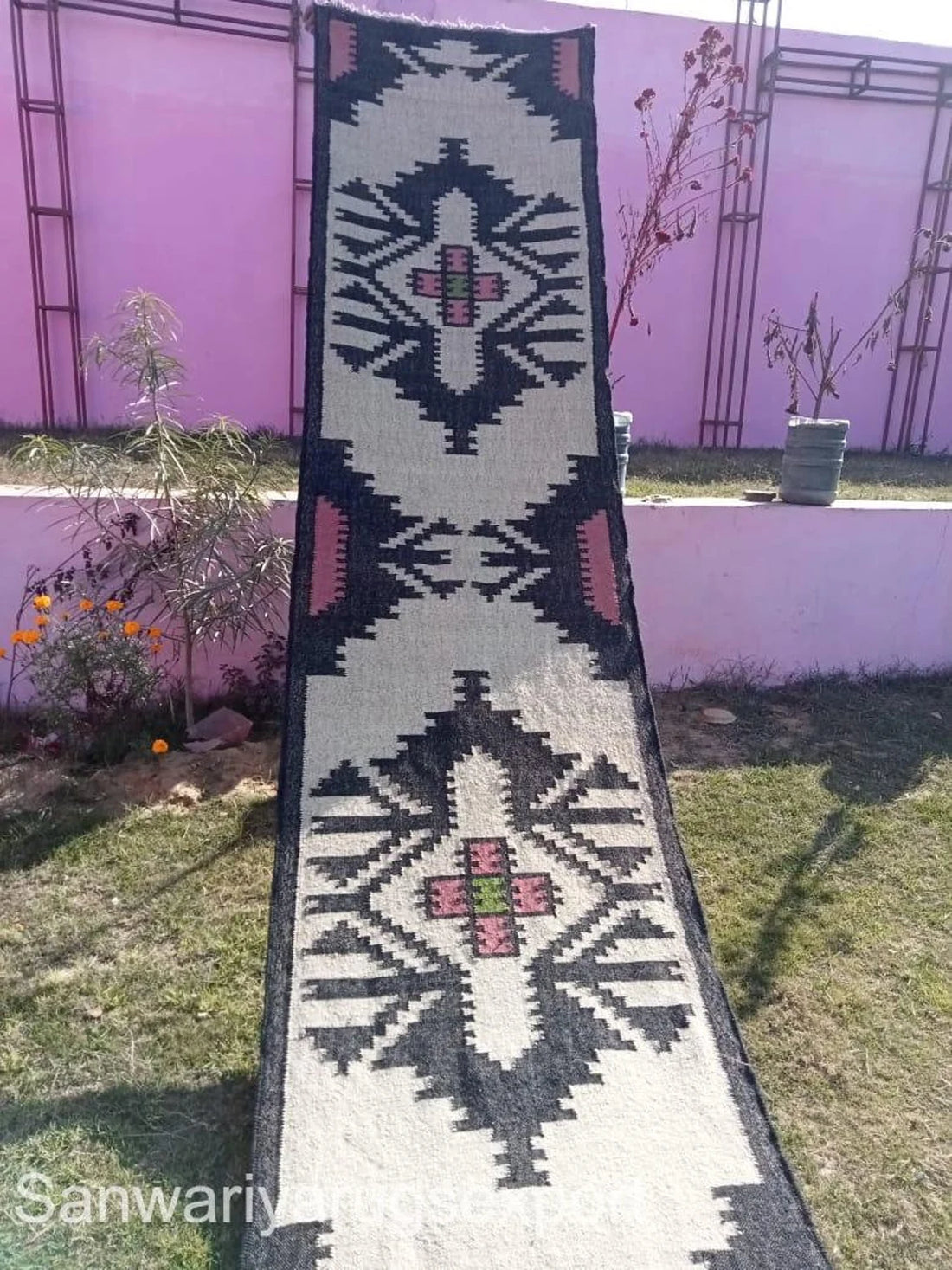 Handwoven Wool Jute Kilim Runner Oriental Geometric Rug