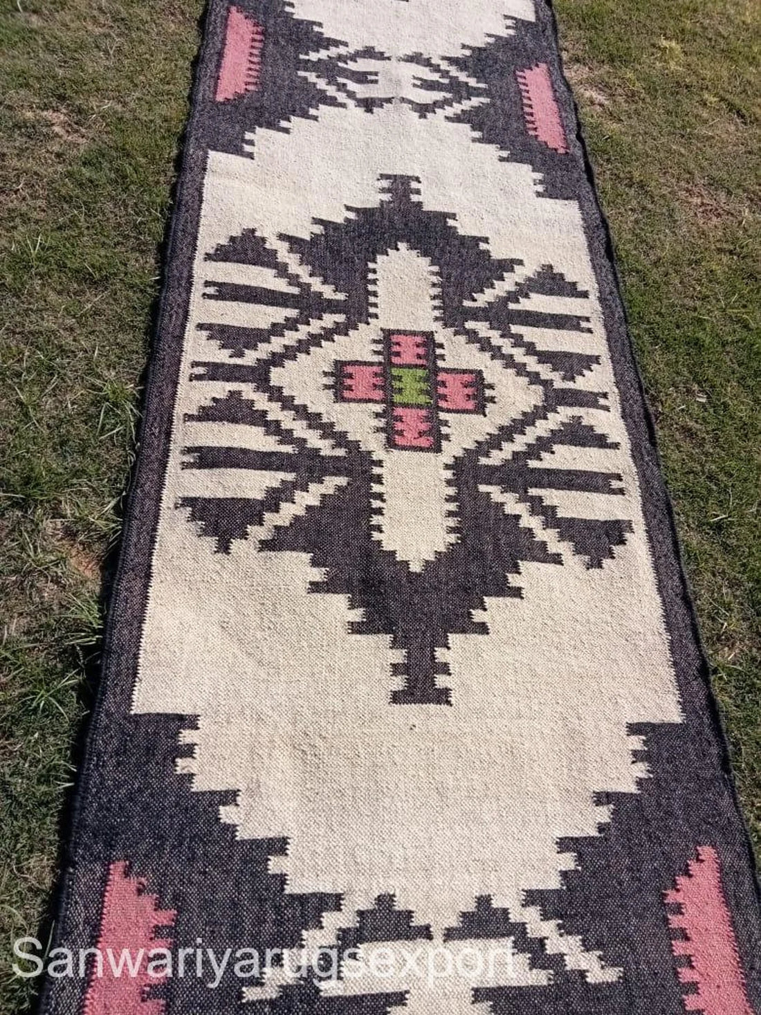 Handwoven Wool Jute Kilim Runner Oriental Geometric Rug