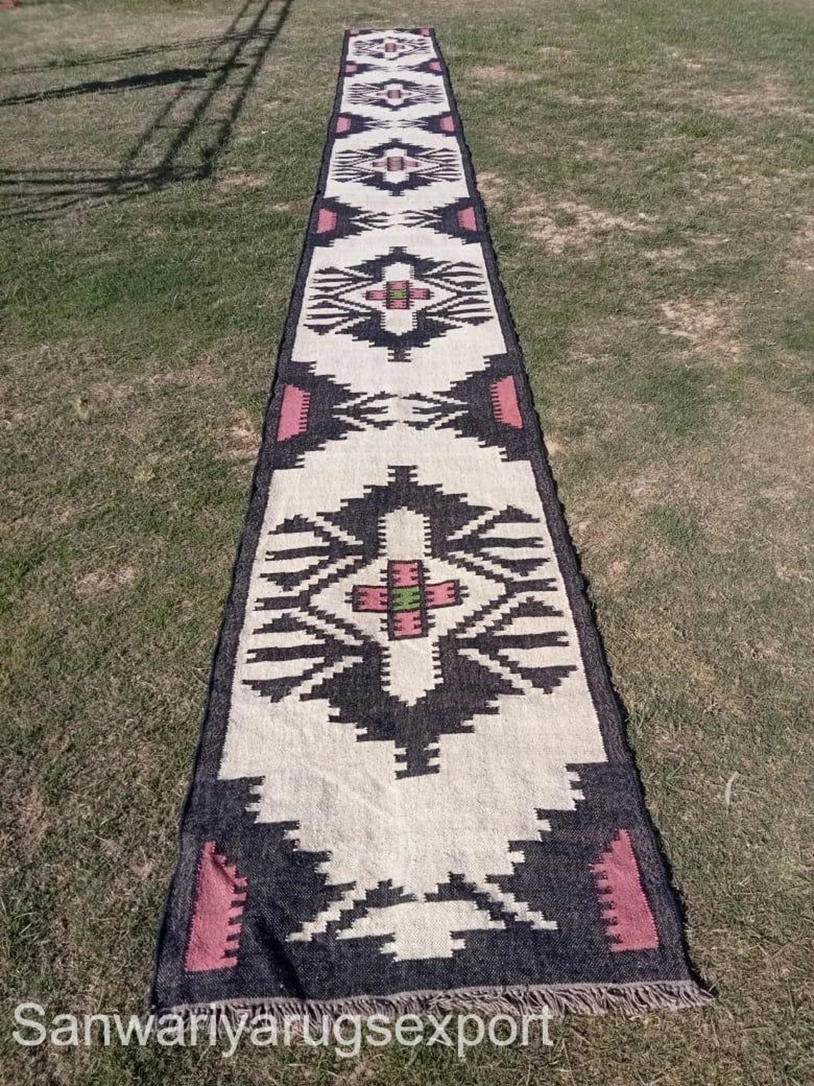 Wool Jute Kilim Runner – Traditional Geometric Handmade Dhurrie
