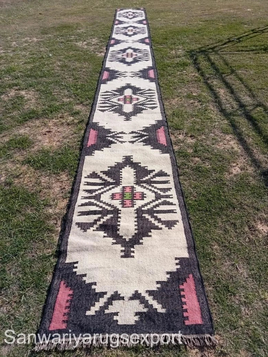 Handwoven Wool Jute Kilim Runner Oriental Geometric Rug