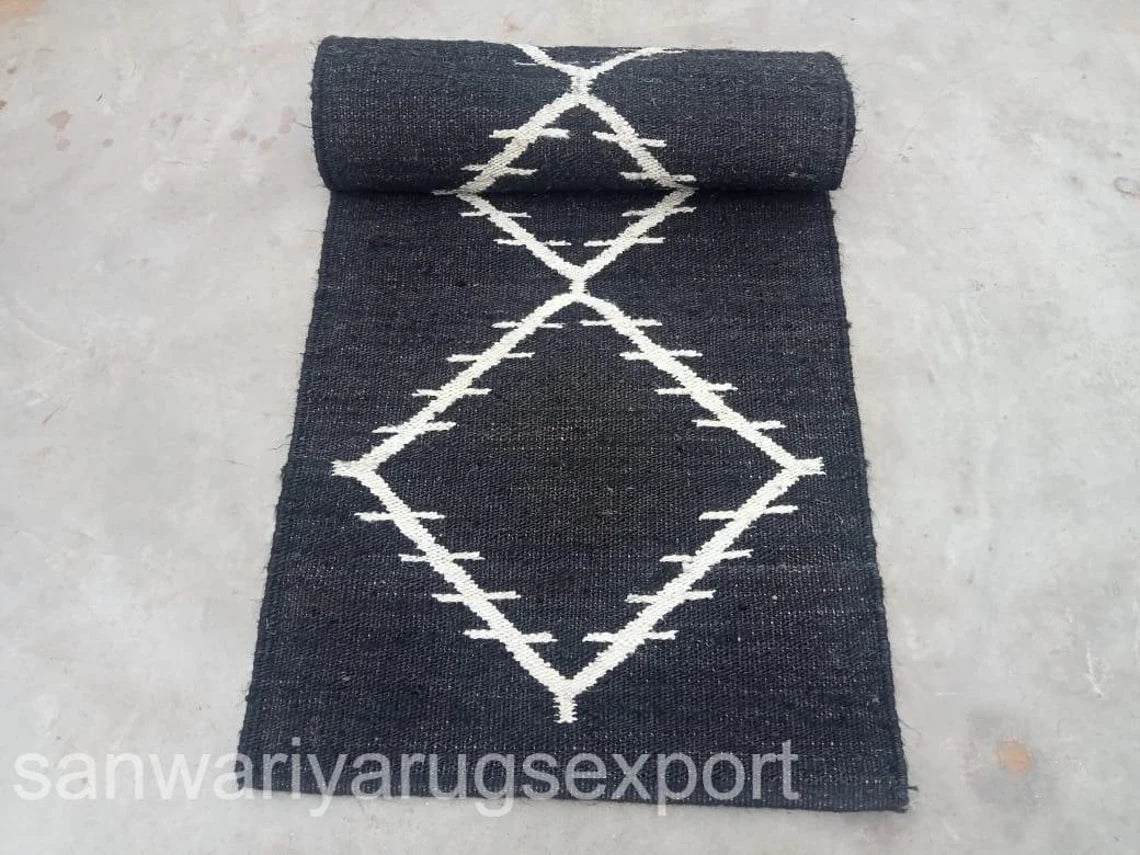 Black & White Hemp Jute Runner Rug – Handwoven Eco Stair Runner