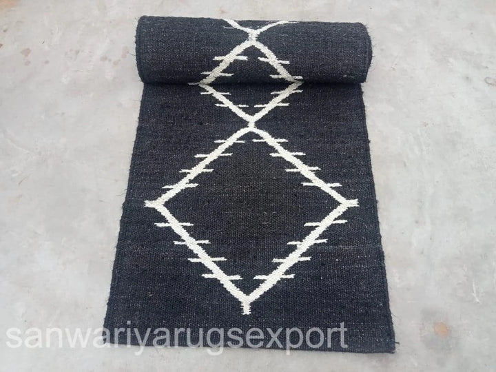 Black & White Hemp Jute Runner Rug – Handwoven Eco Stair Runner