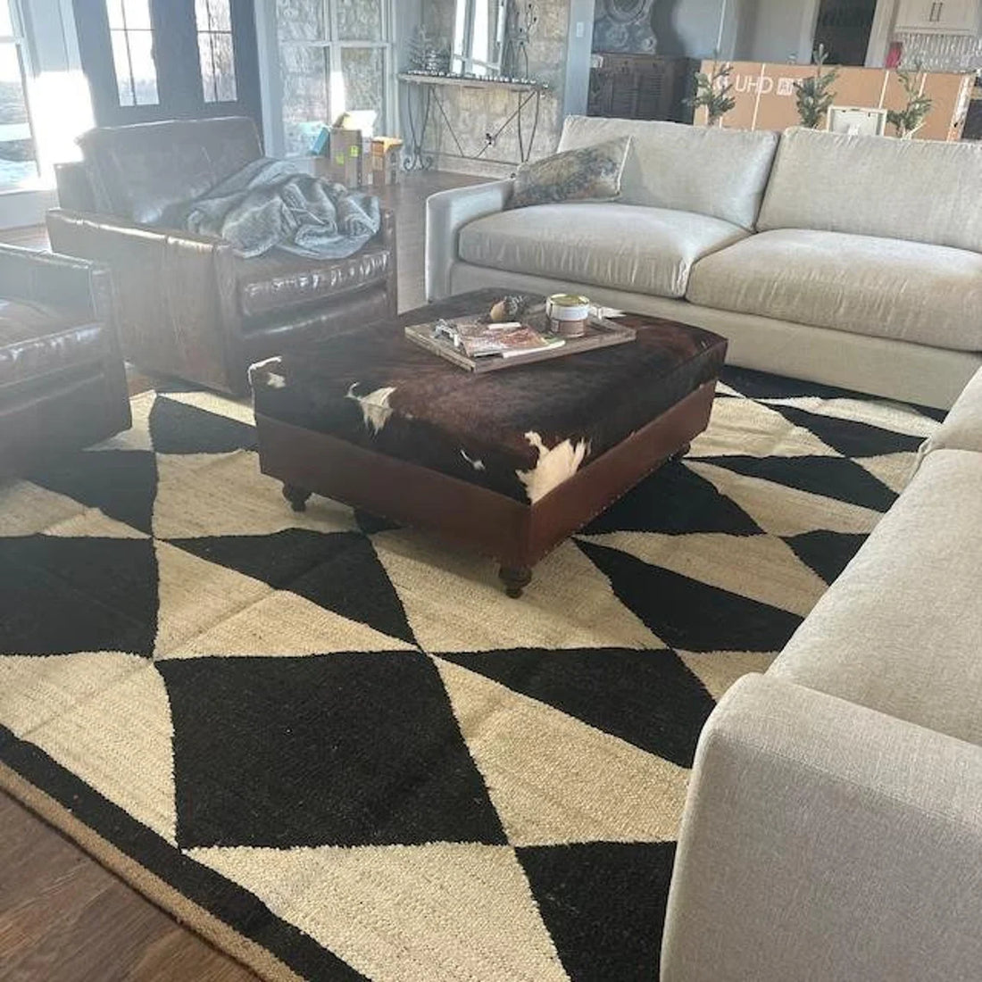 Hemp Jute Runner | Custom Size Black Geometric Rug