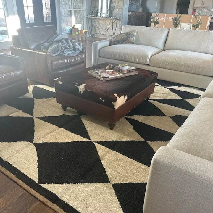 Hemp Jute Runner | Custom Size Black Geometric Rug