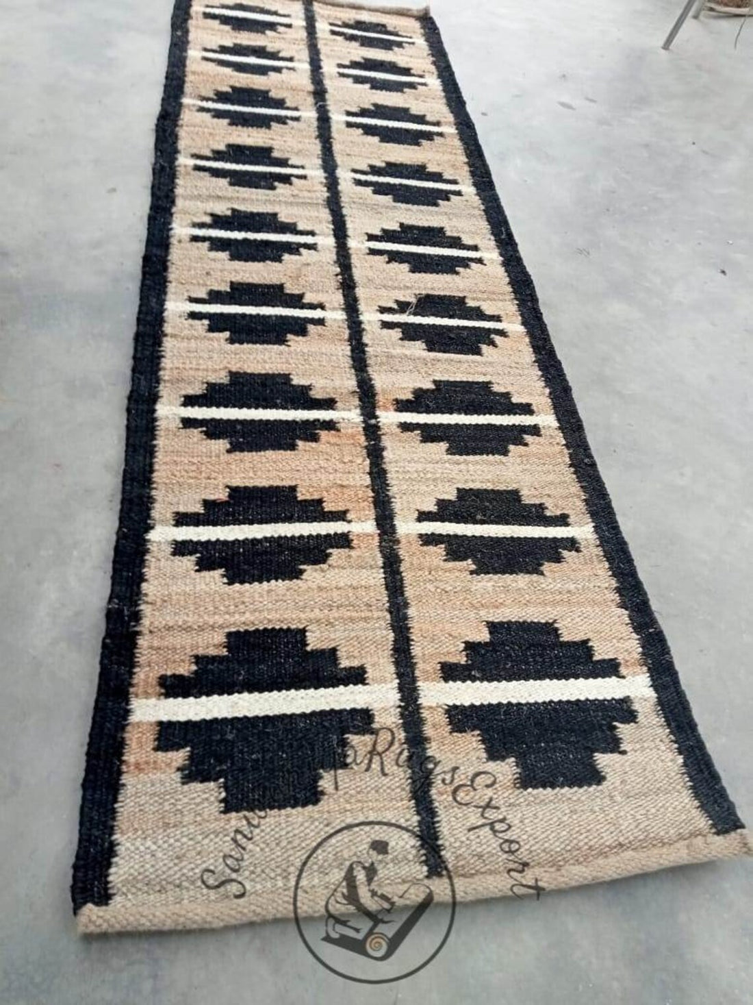 Natural & Black Handwoven Jute Stair Runner – Eco-Friendly Hemp Hallway Rug
