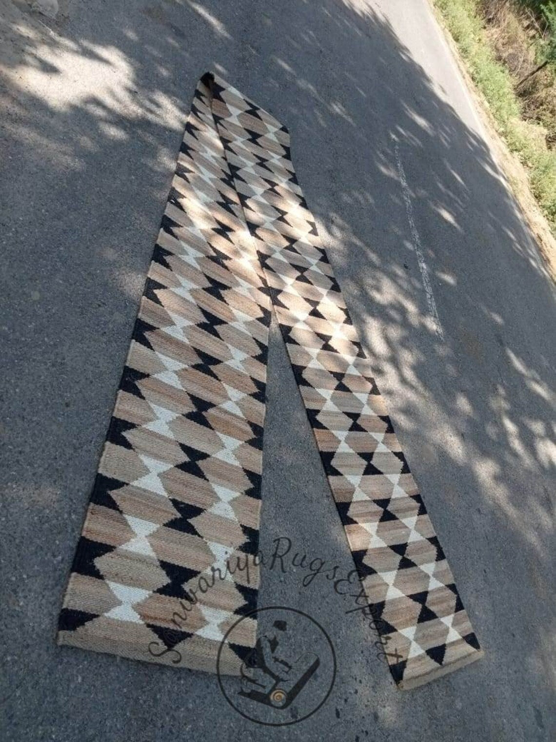 Natural White & Black Hemp Jute Runner Rug