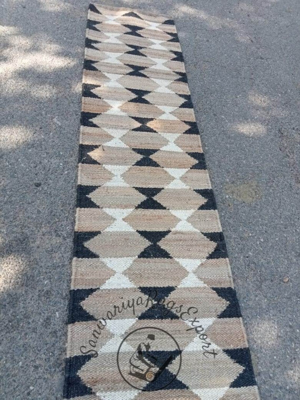 Natural White & Black Hemp Jute Runner Rug