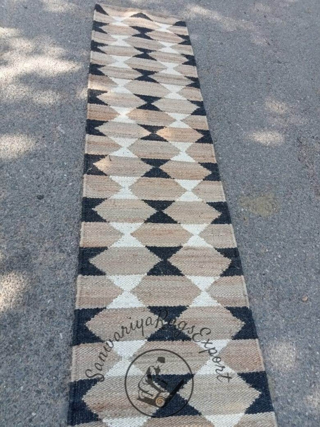 Natural White & Black Hemp Jute Runner Rug