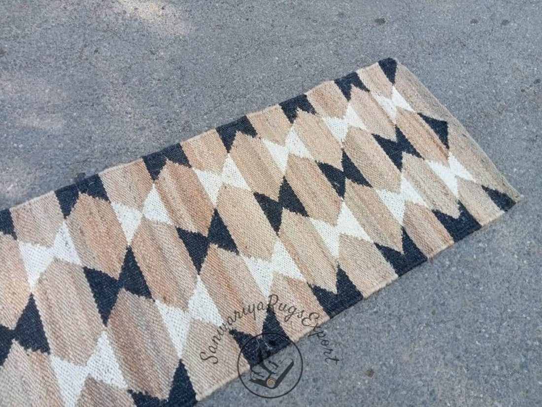 Natural White & Black Hemp Jute Runner Rug