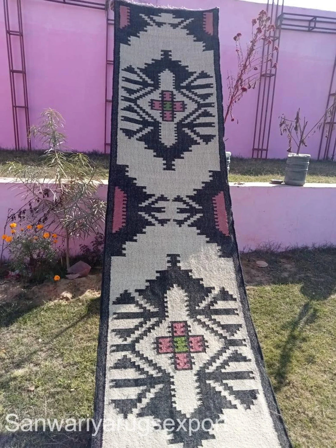 Wool Jute Kilim Runner – Traditional Geometric Handmade Dhurrie