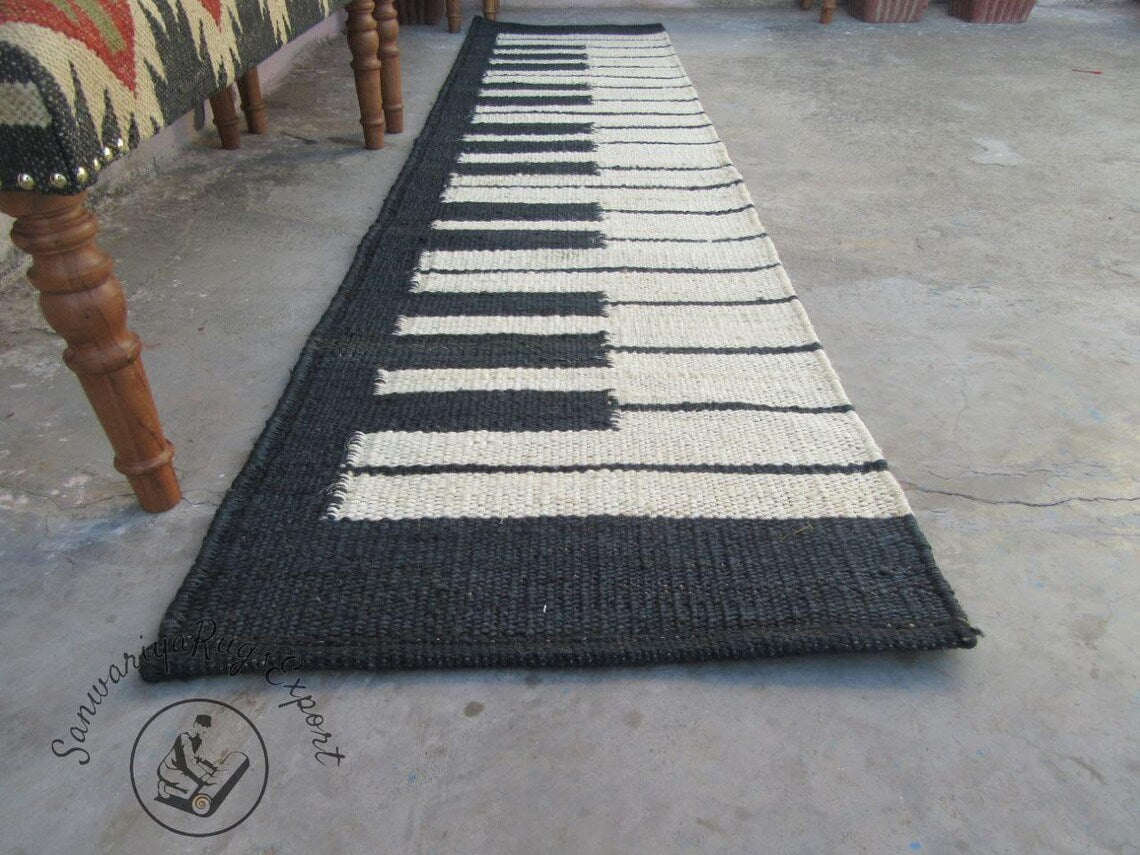 Black & White Hemp Jute Runner – Piano Pattern Eco-Friendly Stair Rug