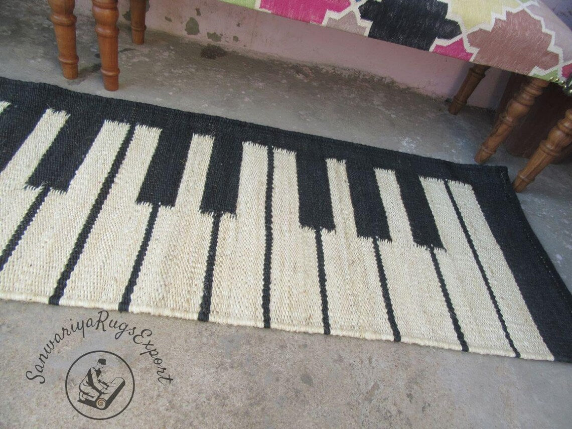 Black & White Hemp Jute Runner – Piano Pattern Eco-Friendly Stair Rug
