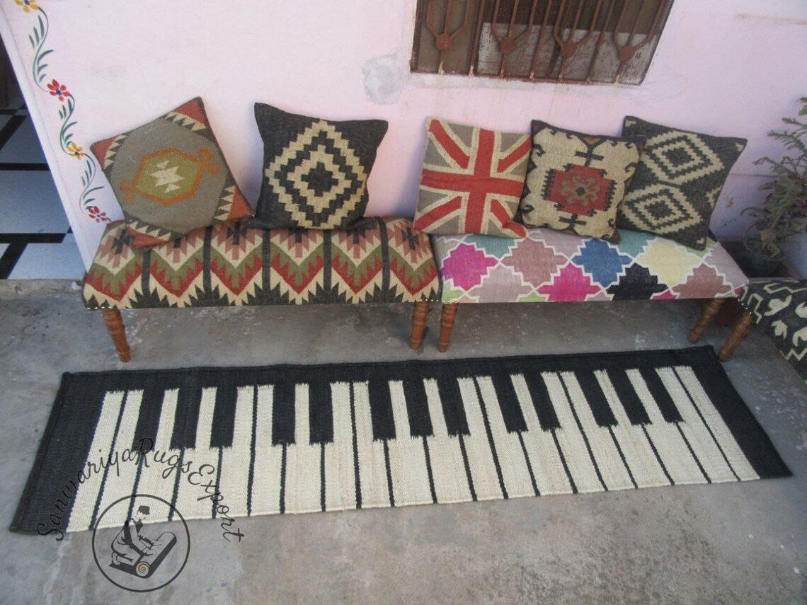 Black & White Hemp Jute Runner – Piano Pattern Eco-Friendly Stair Rug