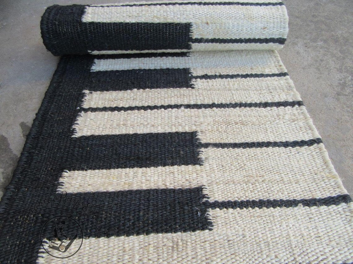 Black & White Hemp Jute Runner – Piano Pattern Eco-Friendly Stair Rug