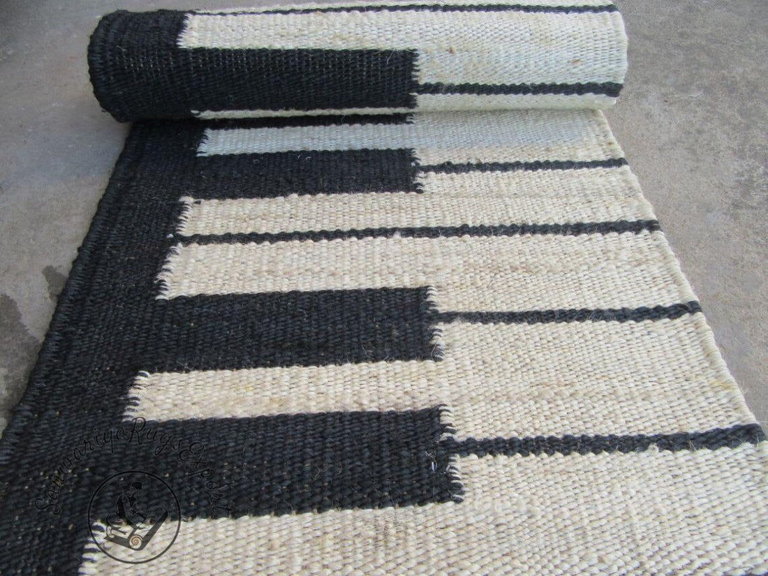Black & White Hemp Jute Runner – Piano Pattern Eco-Friendly Stair Rug