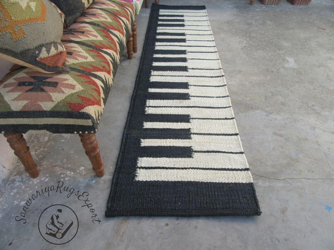 Black & White Hemp Jute Runner – Piano Pattern Eco-Friendly Stair Rug