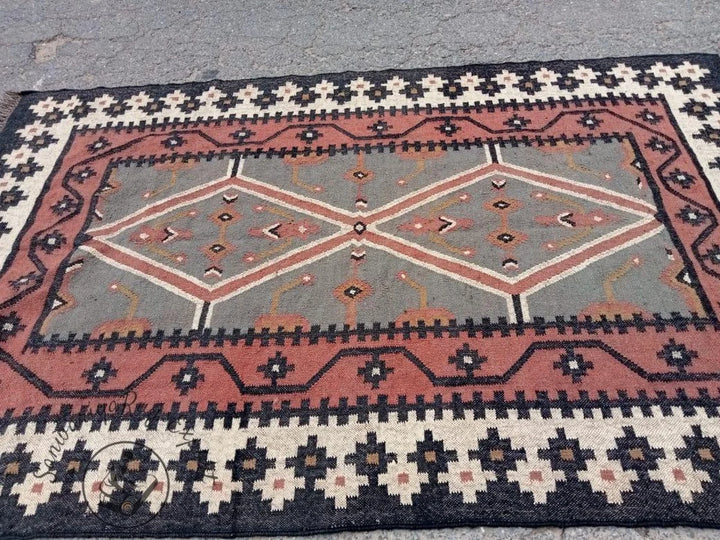 Vintage Kilim Wool Jute Area Rug – Handwoven Bohemian Floor Carpet for Living Room & Bedroom Décor