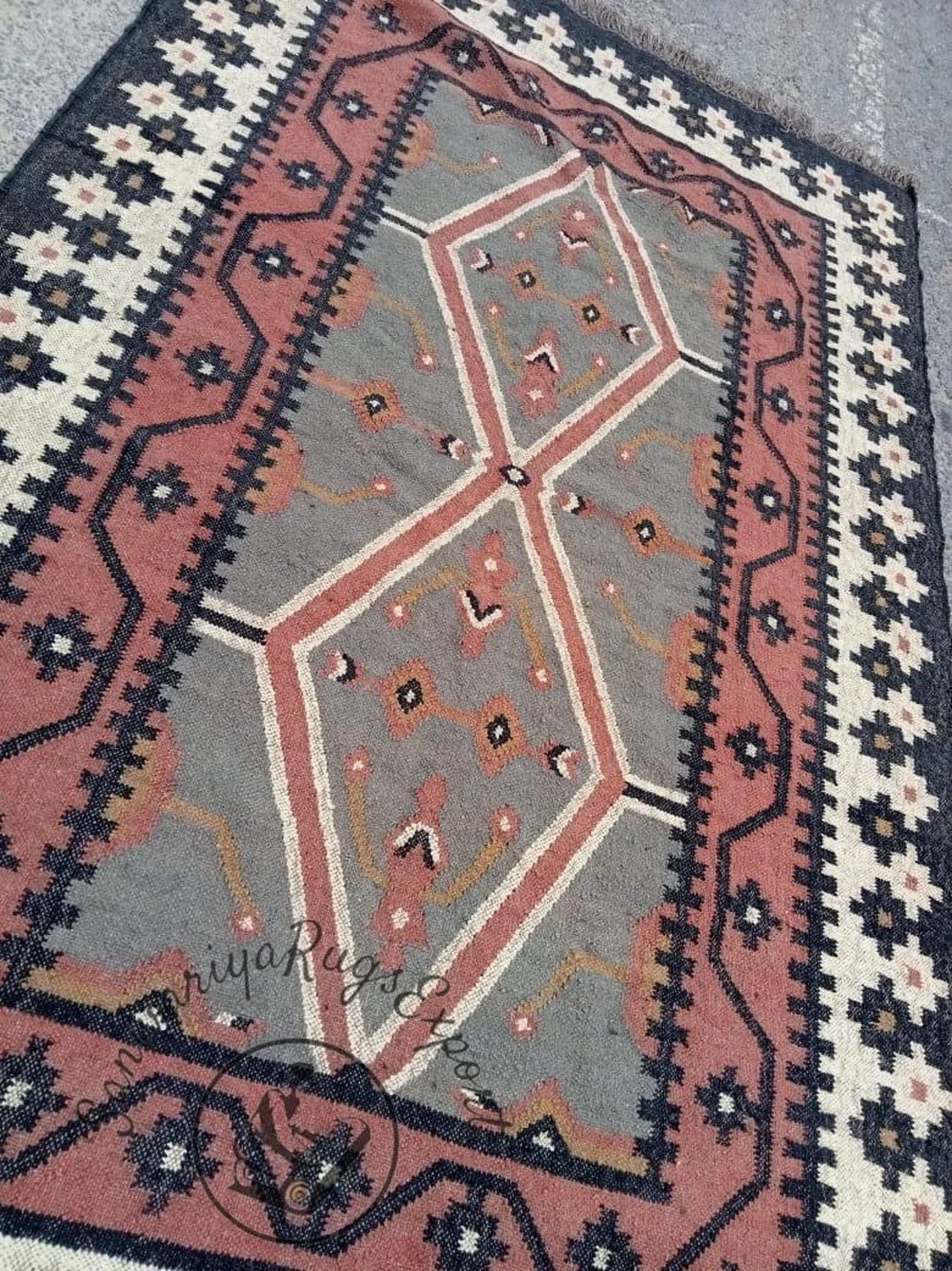 Vintage Kilim Wool Jute Area Rug – Handwoven Bohemian Floor Carpet for Living Room & Bedroom Décor