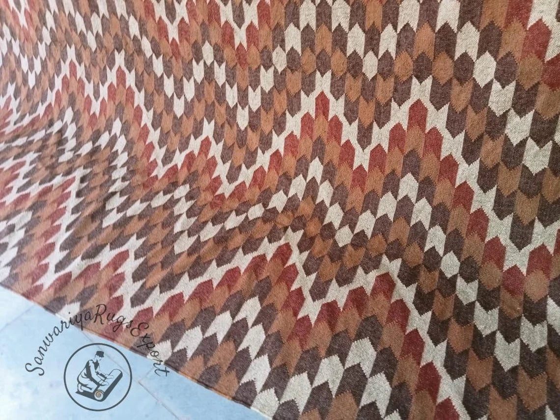 Vintage Wool Jute Kilim Rug – Large Bohemian Handmade Dhurrie Carpet