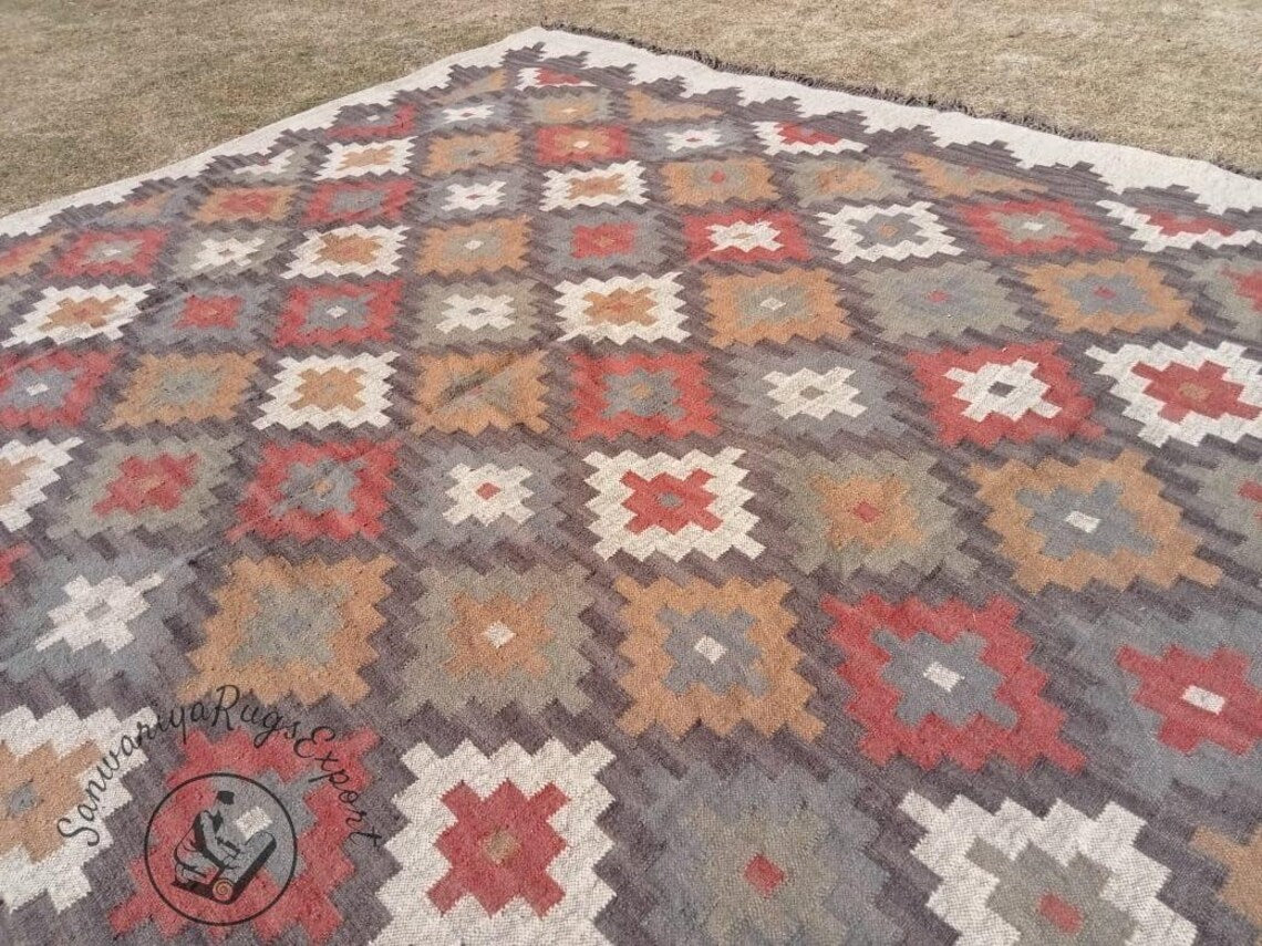Kilim Wool Jute Multicolor Rug | Handmade Bohemian Area Carpet | Large Living Room Decor | Traditional Indian Dhurrie