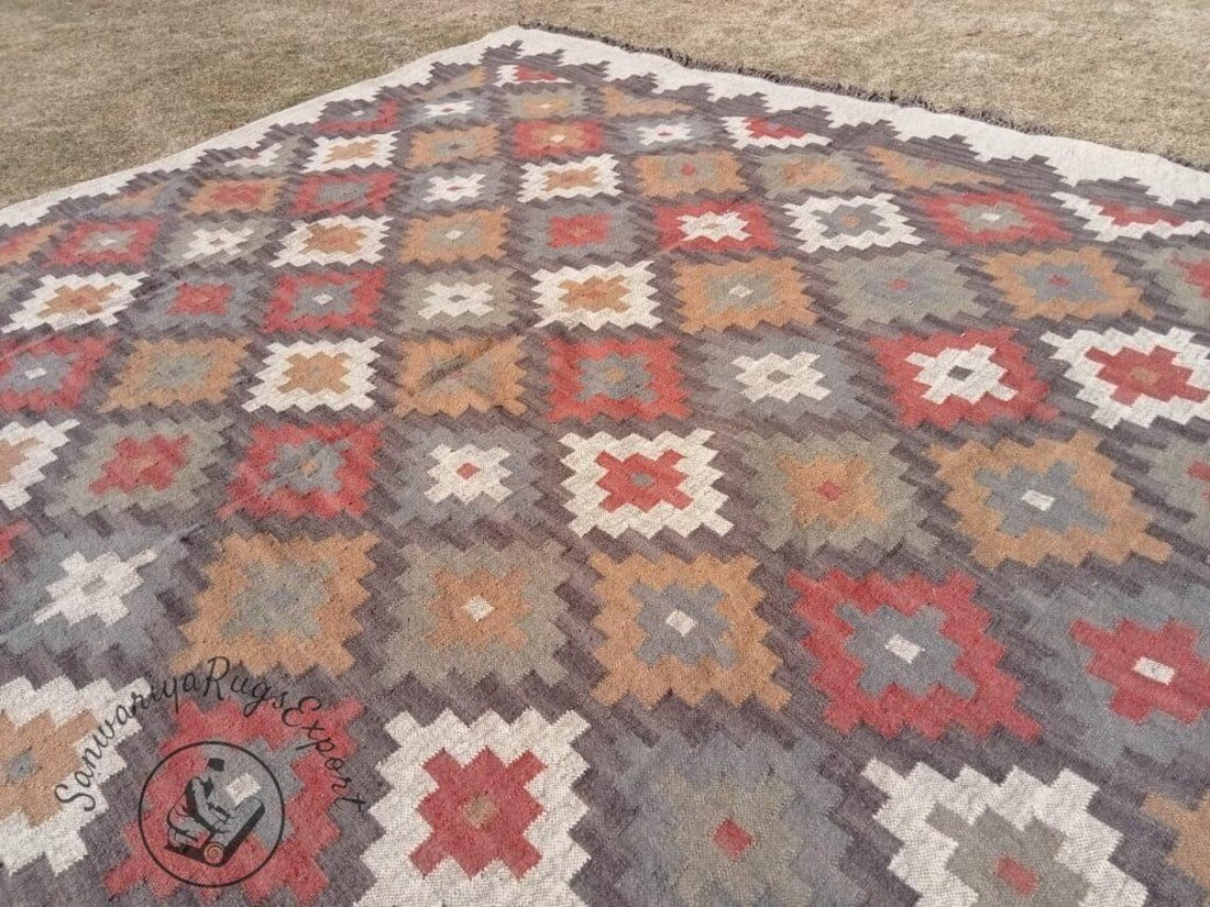Kilim Wool Jute Multicolor Rug | Handmade Bohemian Area Carpet | Large Living Room Decor | Traditional Indian Dhurrie
