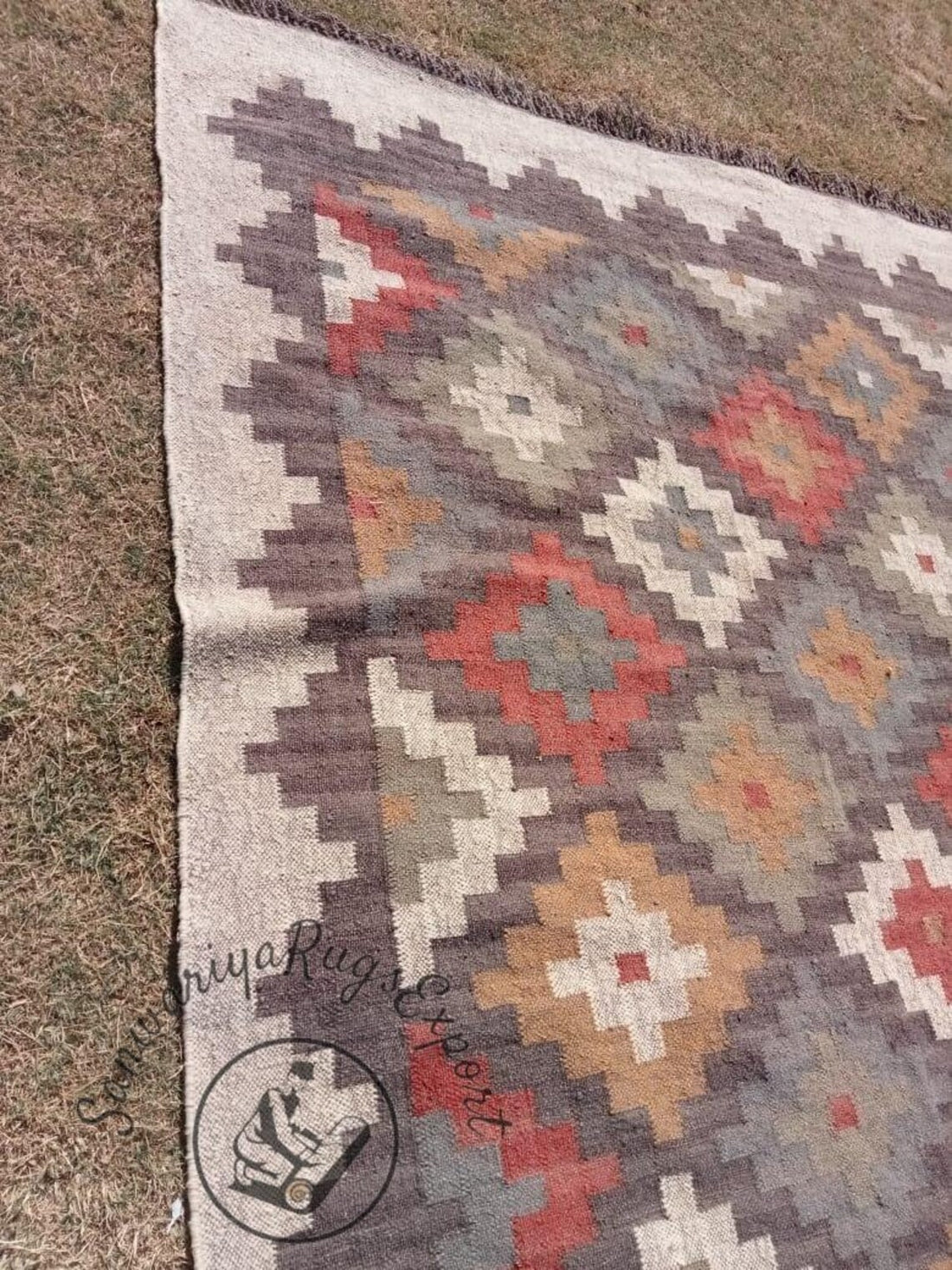 Kilim Wool Jute Multicolor Rug | Handmade Bohemian Area Carpet | Large Living Room Decor | Traditional Indian Dhurrie