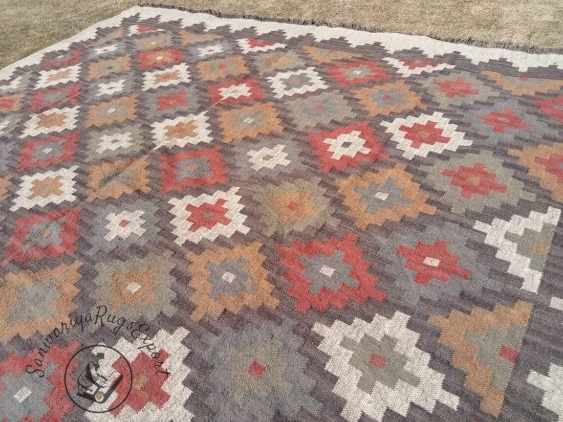 Kilim Wool Jute Multicolor Rug | Handmade Bohemian Area Carpet | Large Living Room Decor | Traditional Indian Dhurrie