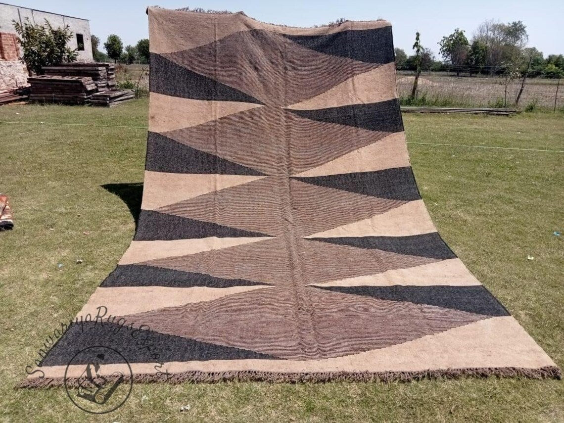 Handwoven Wool Jute Kilim Rug – Large Vintage Boho Area Carpet