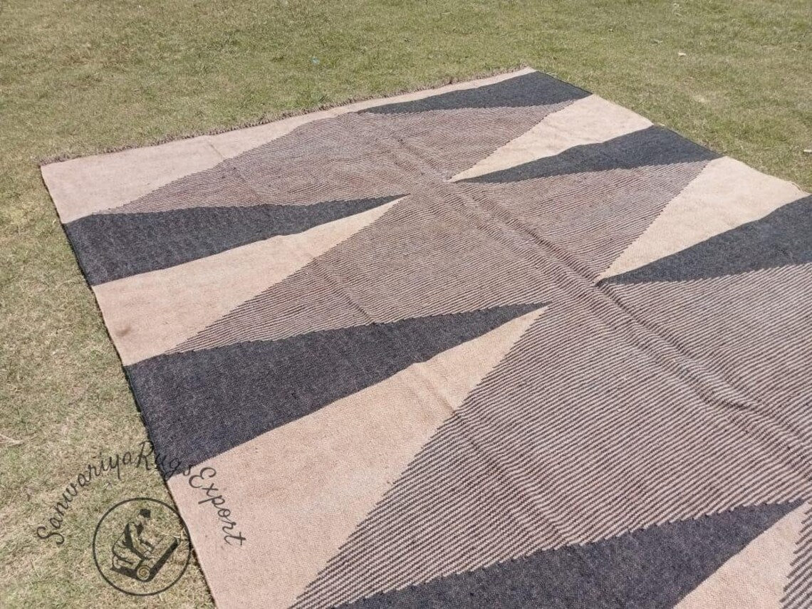 Handwoven Wool Jute Kilim Rug – Large Vintage Boho Area Carpet