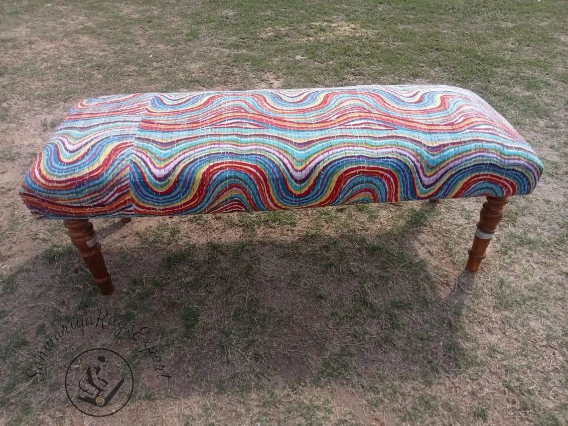 Kanta Printed Kilim Bench – Handmade Cotton Upholstered Wooden Seat