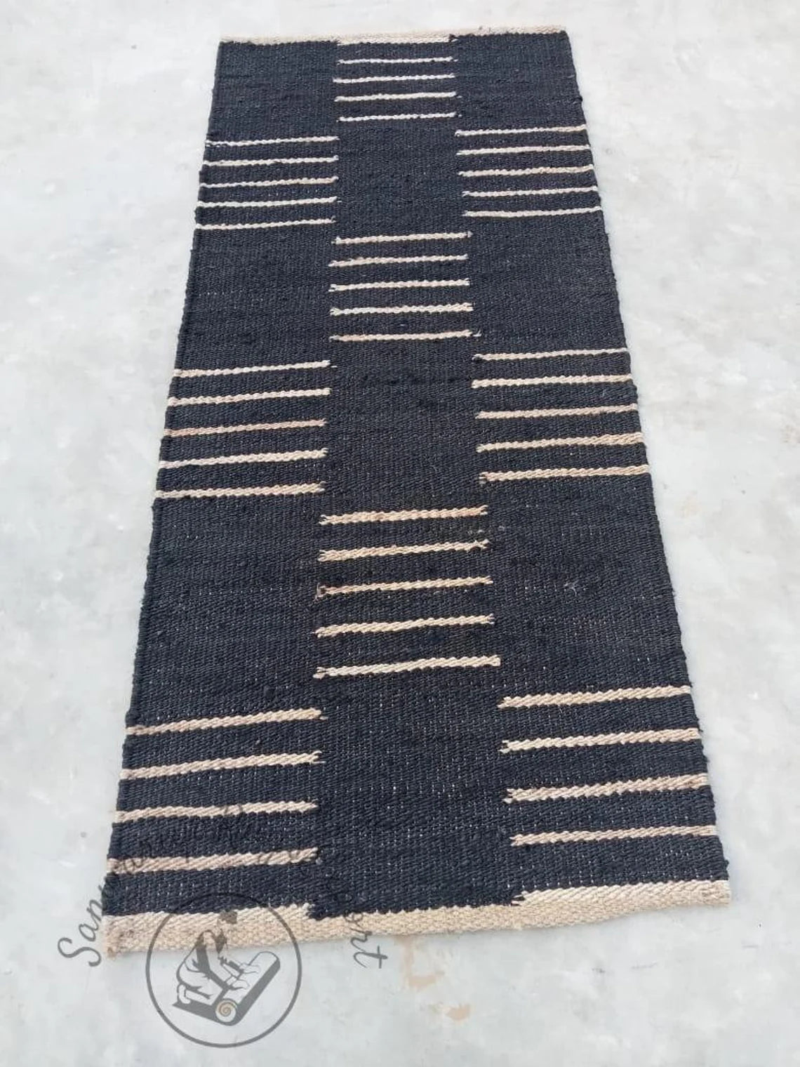 Black & White Line Jute Hemp Area Rug