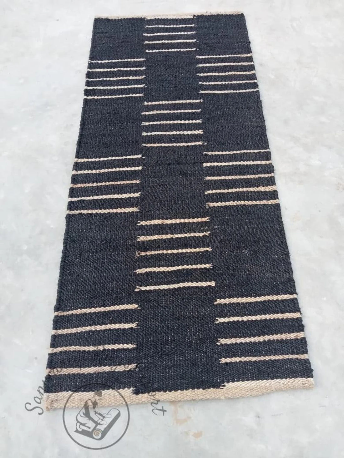Black & White Line Jute Hemp Area Rug