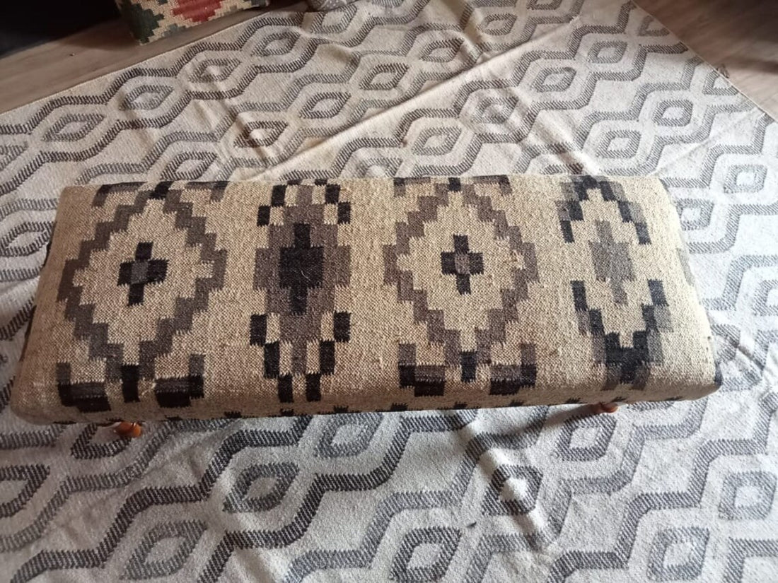 Handwoven Wool Jute Kilim Ottoman Bench, Wooden Upholstered Seat