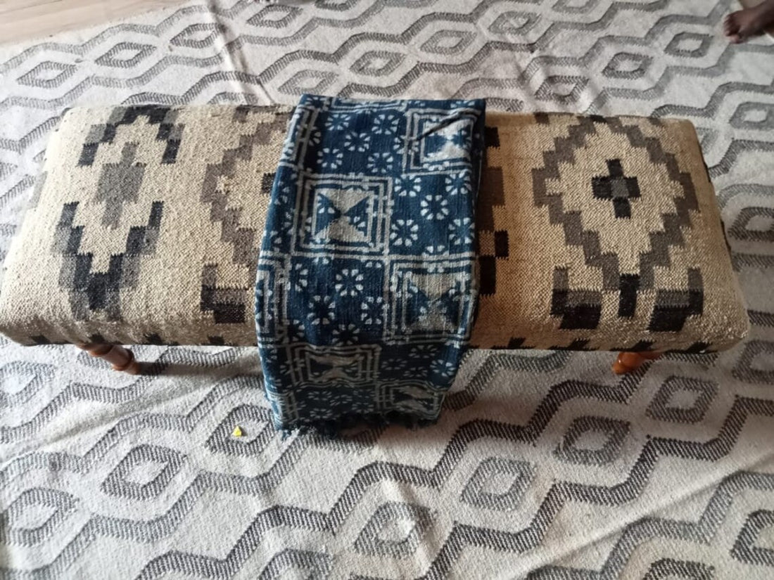 Handwoven Wool Jute Kilim Ottoman Bench, Wooden Upholstered Seat