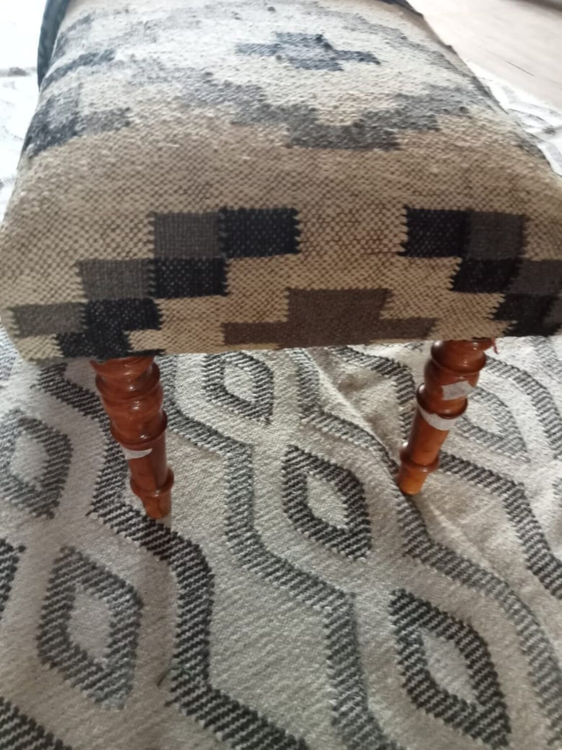 Handwoven Wool Jute Kilim Ottoman Bench, Wooden Upholstered Seat