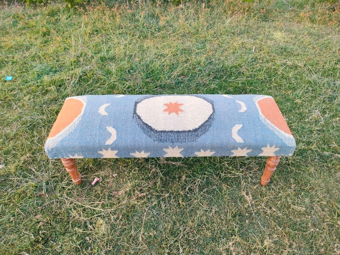 Kilim Bench Handmade Upholstered Ottoman  Wood Work Entryway Bench