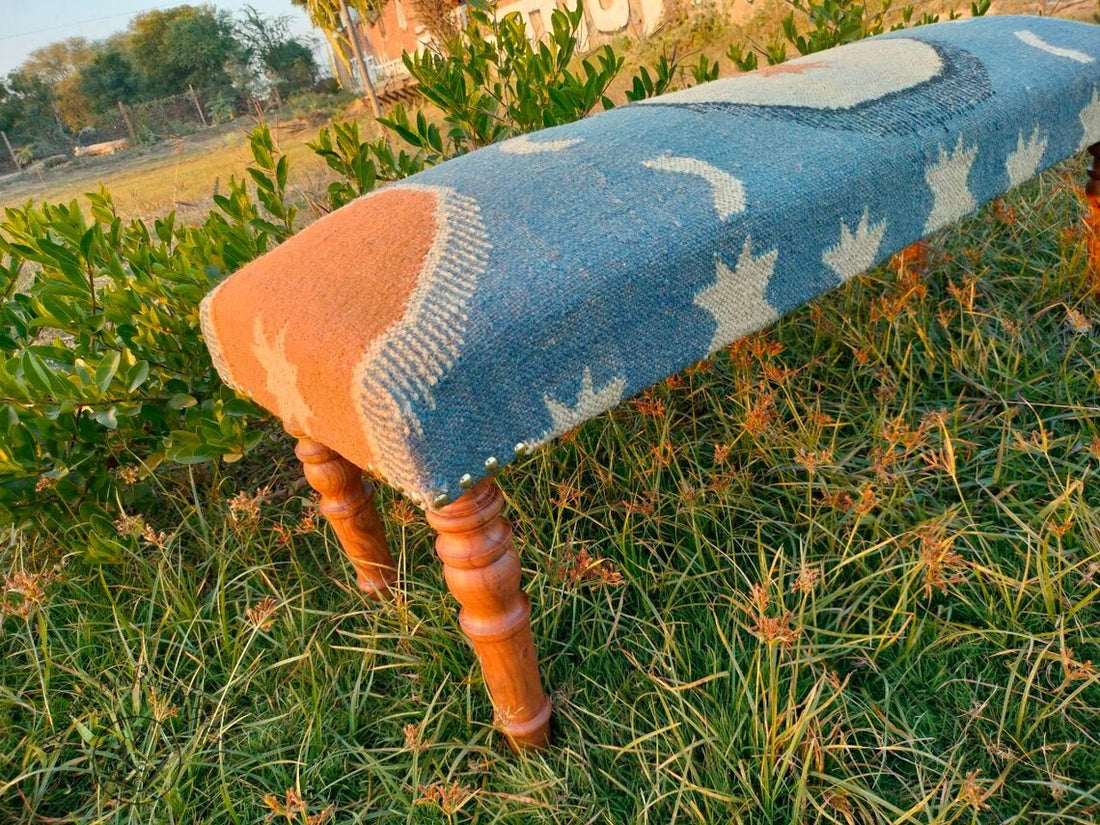 Kilim Bench Handmade Upholstered Ottoman  Wood Work Entryway Bench