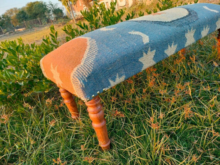 Kilim Bench Handmade Upholstered Ottoman  Wood Work Entryway Bench