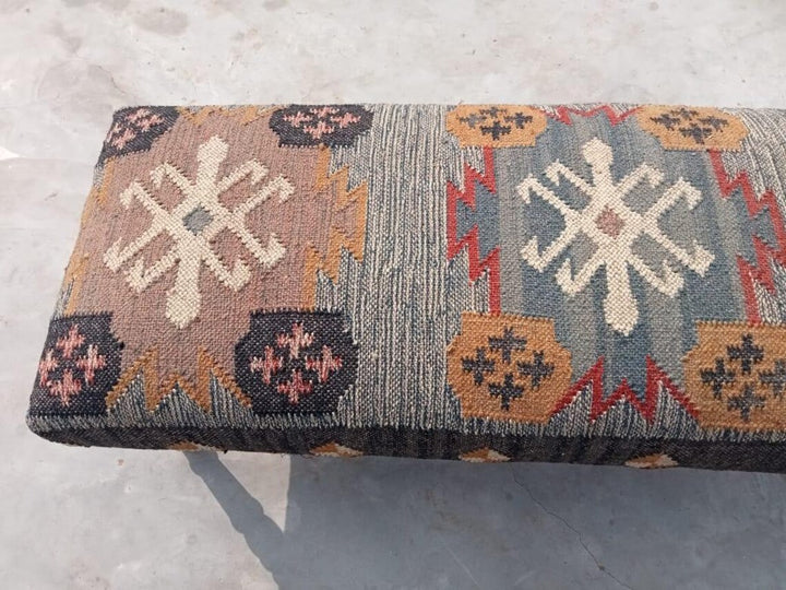 Kilim Bench Ottoman | Handcrafted Wooden Accent Bench with Vintage Kilim Upholstery
