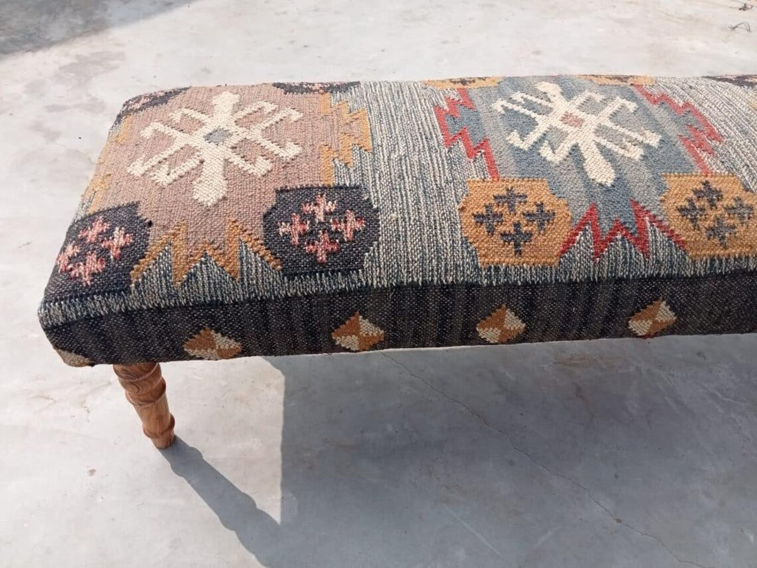 Kilim Bench Ottoman | Handcrafted Wooden Accent Bench with Vintage Kilim Upholstery