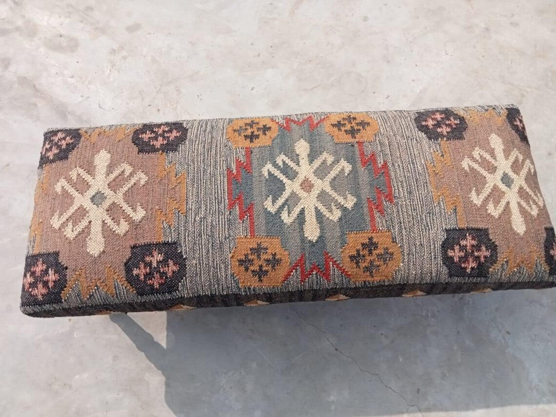 Kilim Bench Ottoman | Handcrafted Wooden Accent Bench with Vintage Kilim Upholstery