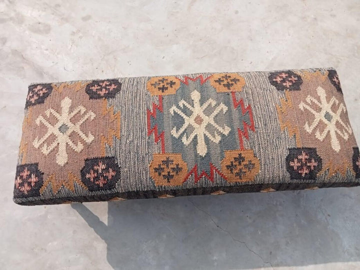 Kilim Bench Ottoman | Handcrafted Wooden Accent Bench with Vintage Kilim Upholstery