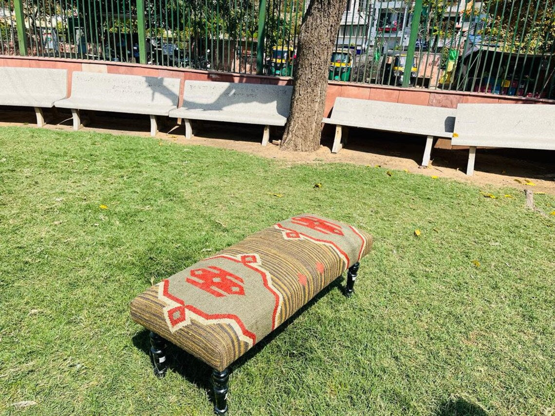 Kilim Bench Wood Work Ottoman – Handmade Wool Jute Furniture