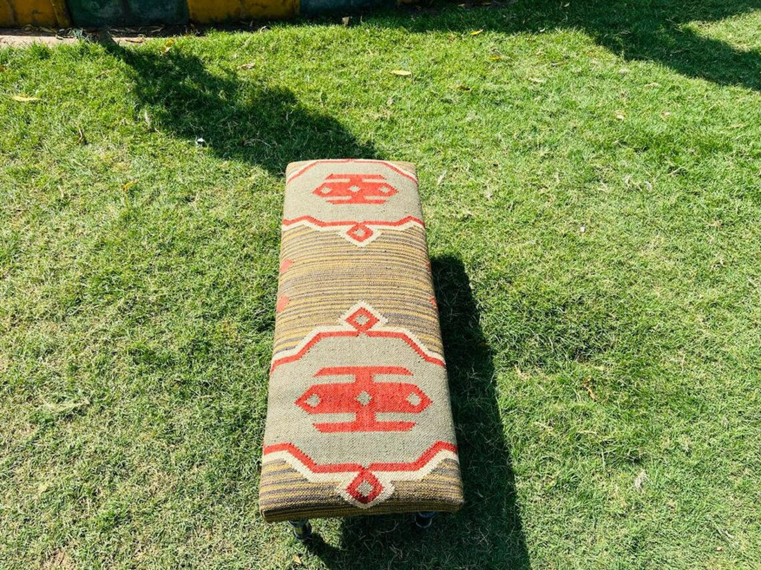 Kilim Bench Wood Work Ottoman – Handmade Wool Jute Furniture